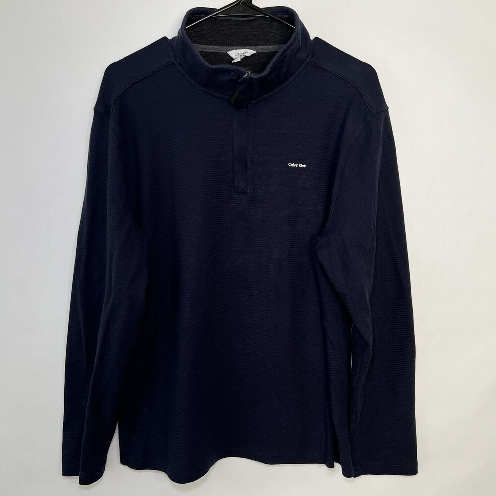 Calvin Klein 1/4 Zip Pullover Sweater Mens Size L Large Navy Blue Mock Neck EUC